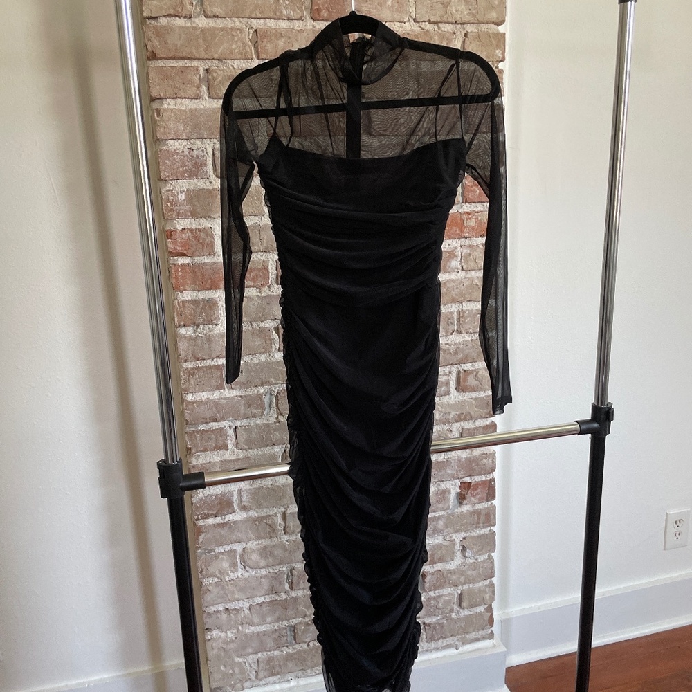 Lulus Impressive Flirt Black Mesh Ruched Mock Neck Midi Dress - Size S